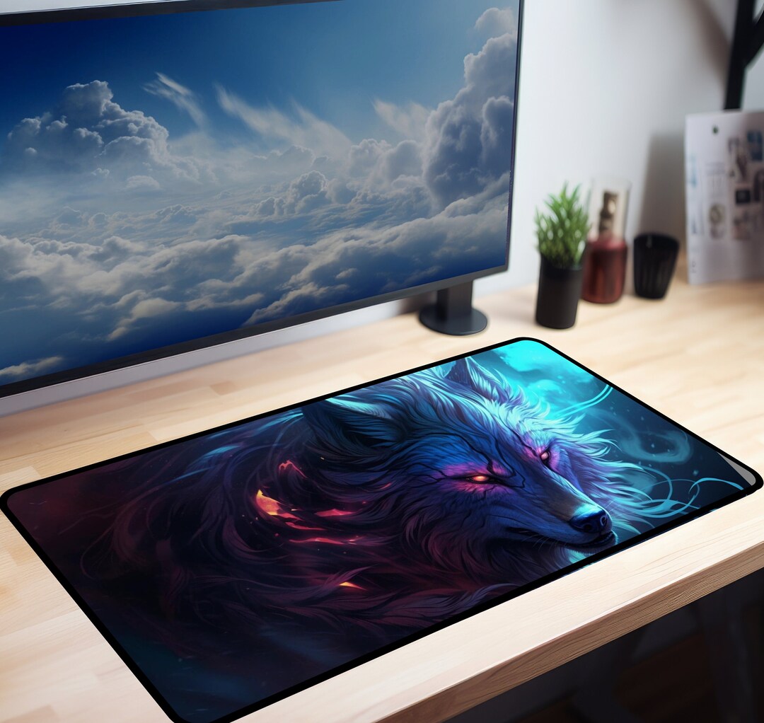 Fantasy Wolf Desk Mat Blue Mousepad Cute Accessories Etsy