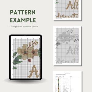 Pattern example from The Fresh Cross Stitch: printable PDF chart with symbols in black and white and color. One-page pattern to follow from digital device. Color guide in DMC color.