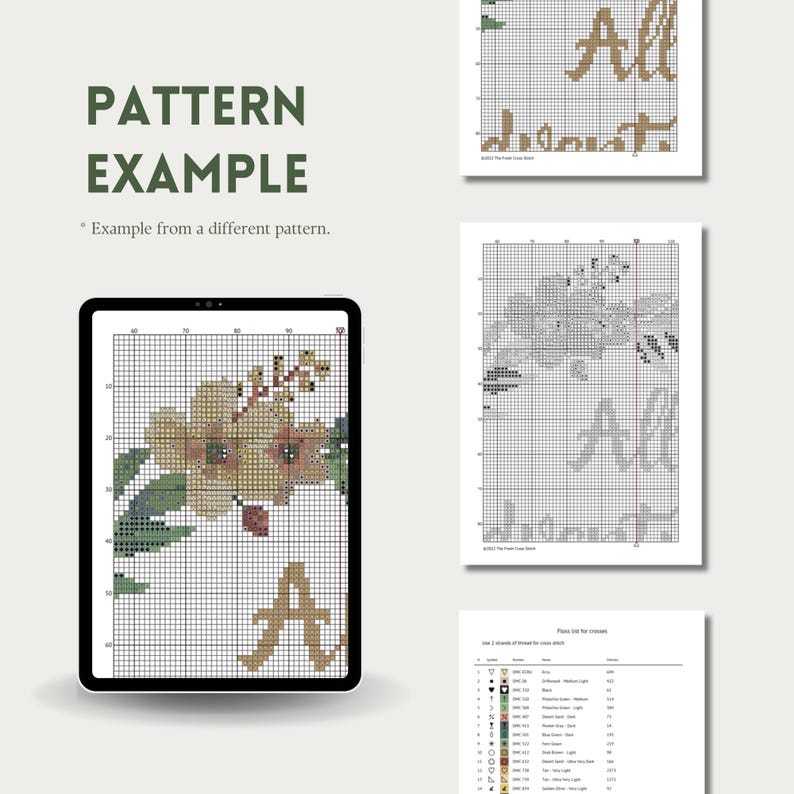 Pattern example from The Fresh Cross Stitch: printable PDF chart with symbols in black and white and color. One-page pattern to follow from digital device. Color guide in DMC color.