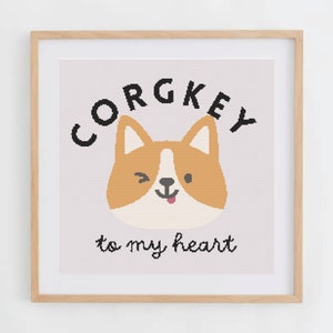 Corgkey To My Heart Cross Stitch Pattern | Corgi Cross Stitch Chart | Dog Cross Stitch PDF | DIY Gift Ideas For Dog Lovers & Dog Moms