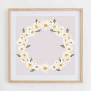 Daisies Cross Stitch Pattern | Daisy Wreath Cross Stitch Chart PDF | Pretty Floral Cross Stitch Ideas | Wreath of White Flowers Cross Stitch
