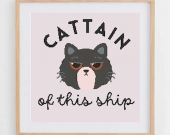 Cattain of This Ship: Patrón de Punto de Cruz de Gato para Decoración Moderna y Bonita (Gráfico en PDF, Descarga Instantánea)