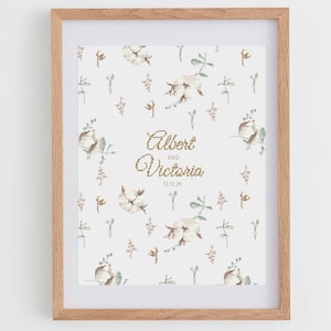 Patrón de punto de cruz para anuncio de boda o bebé, personalizable, gráfico de punto de cruz para boda o bebé, alfabetos, flores de algodón caprichosas