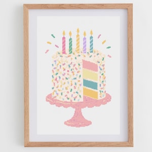 May include: A cross-stitch pattern in a light wood frame featuring a white cake with colourful sprinkles on a pink cake stand. The cake has a slice removed, revealing yellow, blue, and pink layers. Five lit candles sit on top with confetti.