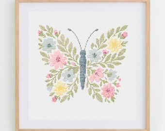 Flower Butterfly Cross Stitch Pattern | Cross Stitch Chart With Butterfly Made Of Pastel Flowers | Baby Cross Stitch Pattern in PDF & SVG