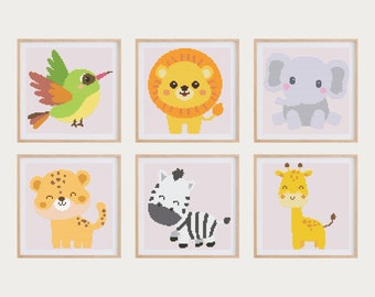 Set of 6 Cross Stitch Patterns for Baby Animals | 6x Modern Cross Stitch Charts With Zebra, Lion, Chettah, Bird, Jiraffe & Elephant PDF