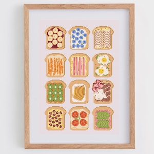 Kruissteekpatroon toast | Borduurpatroon ontbijt | Keukenposter, ideeën voor kruissteek, pdf | Modern kruissteek ei, avocado, zalm