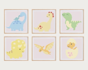 Set of 6 Cross Stitch Patterns for Baby Dinosaurs | 6x Pastel Cross Stitch Charts With Dinos | Modern Baby Cross Stitch Patterns in PDF