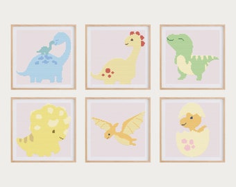 Set of 6 Cross Stitch Patterns for Baby Dinosaurs | 6x Pastel Cross Stitch Charts With Dinos | Modern Baby Cross Stitch Patterns in PDF