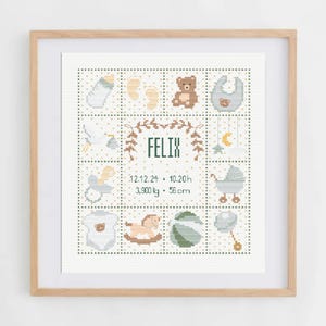 Patrón de punto de cruz para anuncio de bebé (DIY) / Patrón de punto de cruz para bebé / Patrón de punto de cruz personalizable para recién nacido con alfabetos