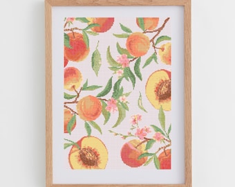 Peaches Cross Stitch Pattern | Watercolor Fruits Cross Stitch Chart | Watercolor Peaches Cross Stitch Pattern in PDF for Place Mats or Cloth