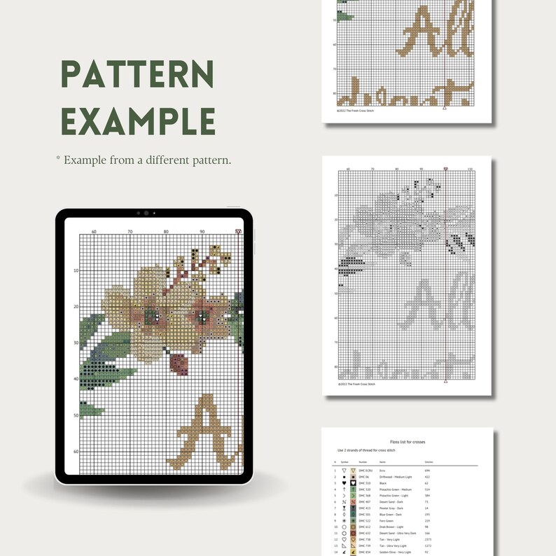 Pattern example from The Fresh Cross Stitch: printable PDF chart with symbols in black and white and color. One-page pattern to follow from digital device. Color guide in DMC color.