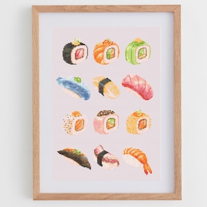 Sushi Kreuzstich Muster | Nigiri Kreuzstichvorlage | Küche Poster Kreuzstich Ideen PDF | Moderner Kreuzstich mit Suhi Rolls Unagi