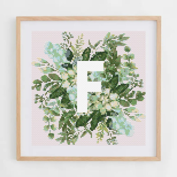 Cross Stitch Pattern Initials A to Z with Green Leaves Bouquet | Modern Cross Stitch Monogram Chart | Cross Stitch Letter Pattern in PDF