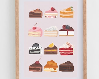 Cake Poster Cross Stitch Pattern | Cake Slices Cross Stitch Chart | Kitchen Decoration Cross Stitch Ideas PDF | Modern Food Cross Stitch