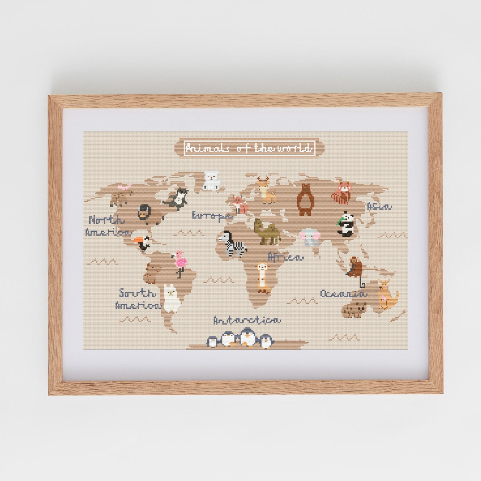 Animal Mapamundi Cross Stitch Pattern | Animals of the World Cross Stitch Chart | World Map For Nursery Room | x3 Tones: Pink, Beige & Blue