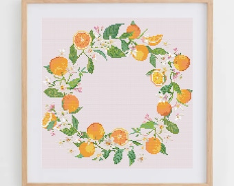 Orange Wreath Cross Stitch Pattern | Orange Cross Stitch Chart | Fruit Wreath Cross Stitch PDF | Modern & Aesthetic Cross Stitch Ideas