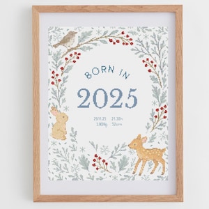 Geboren in (winterversie) | DIY-kruissteekpatroon baby | Kruissteektabel baby | Aanpasbaar babykruissteekpatroon met alfabetten