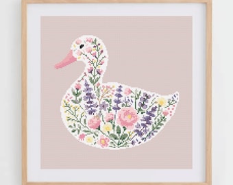 Flower Duck Cross Stitch Pattern | Cross Stitch Chart With White Duck Made of Flowers | Pink and Lavender Baby Cross Stitch Pattern in PDF