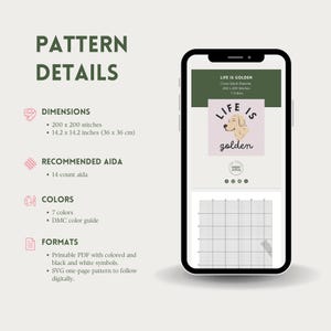Pattern Details: Life Is Golden Cross Stitch Pattern | Golden Retriever Cross Stitch Chart | Dog Cross Stitch PDF | DIY Gift Ideas For Dog Lovers