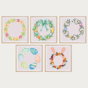 5 Easter Wreaths Cross Stitch Patterns | Bundle of Easter Wreath Digital Cross Stitch Charts PDF: Bunny Ears, Flowers, Easter Eggs, Etc.