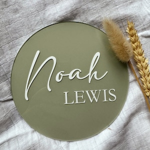 Acrylic Name Disc. New Baby. Pale Olive