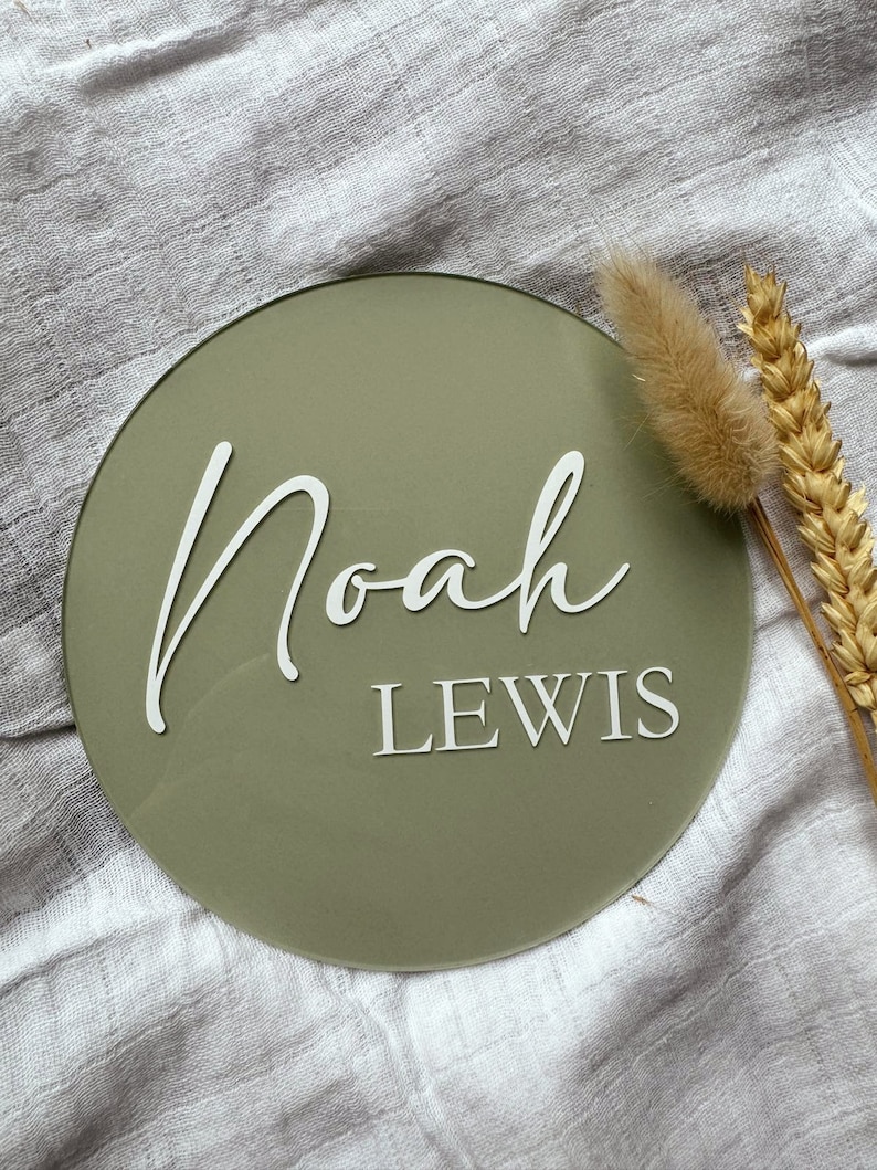 Acrylic Name Disc. New Baby. Pale Olive