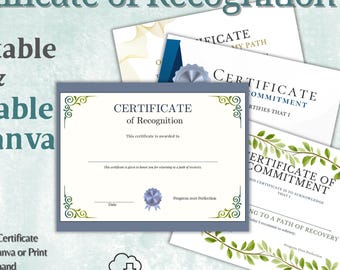 Certificate of Commitment, Certificate of Recognition, Recommitment to Recovery, Recovery Gift, Therapist Client Gift, Editable Certificate