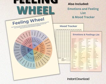 Feeling Wheel, Emotion Wheel, Emotions and Feeling Word List, 12 Month Mood Tracker,  Instant Download, Printable Feeling Wheel