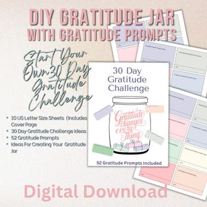 DIY-potje voor dankbaarheid, gratitude-promptkaarten, 30 dagen dankbaarheidsuitdaging, maak een dankbaarheidspotje, afdrukbare gratitude jar-kit