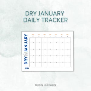 Könnte beinhalten: Ein weißer Kalender mit dem Text "DRY JANUARY DAILY TRACKER" in Blau. Das Kalendarium ist für Januar 2026, mit den Daten vom 29. bis 31. oben. Die Worte "DRY JANUARY" sind vertikal links gedruckt.