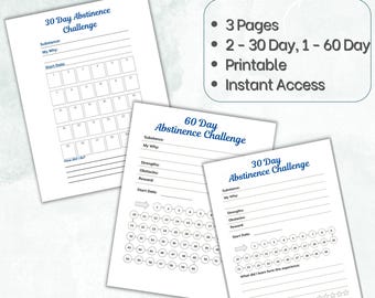 30 Day Abstinence Challenge Tracker, 30 and 60 Day Challenge Habit Tracker Sheet, Printable Personal Challenge Tracker, Minimalist Design