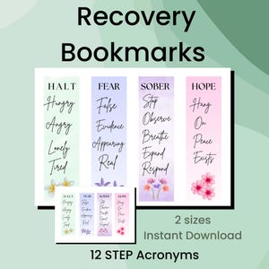 Pode incluir: Quatro marcadores coloridos com designs florais e texto. Os marcadores apresentam as siglas HALT, FEAR, SOBER e HOPE, com palavras correspondentes relacionadas à recuperação. O texto é preto e o fundo é um degradê de rosa, roxo e verde.