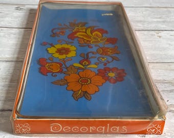 prato de vidro vintage - design floral - flores laranja e amarelas - kitsch retrô