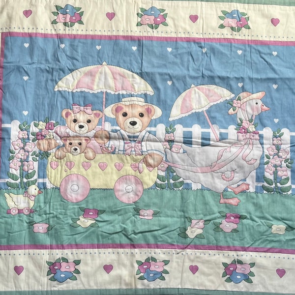 Couette pour bébé, tapis de jeu pour bébé ours en peluche et maman oie, bordure fleurie, bleu rose