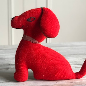 Original vintage 1970s hand-made cloth kit toy dog. Nostalgic. Retro.