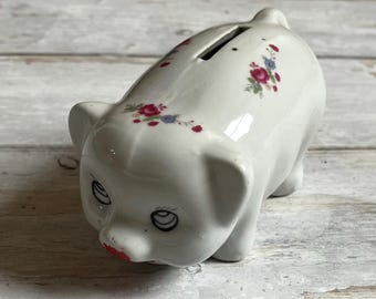 Vintage ceramic floral anthropomorphic pig piggy bank