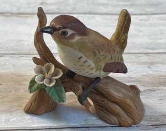 Vintage ceramic wren on branch figurine