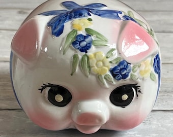Vintage ceramic floral anthropomorphic pig piggy bank