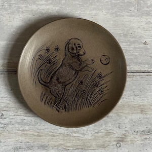 Peut inclure: Une assiette décorative ronde de couleur beige, ornée d'une illustration d'un chien enjoué. Le chien est représenté dans un champ d'herbe et de fleurs, tendant la patte vers une balle. L'assiette a un design simple et élégant.