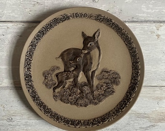 Poole Pottery  -  stoneware plate - Barbara Linley Adams 1979 - First Mothers Day plate - Tenderness - deer with fawn