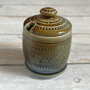 May include: A ceramic sugar bowl with a lid and a small spoon slot. The bowl is brown and green with decorative patterns. The lid has a small knob. The bowl is suitable for holding sugar or other condiments.