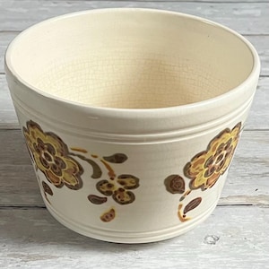 Può includere: Ciotola in ceramica color crema con un motivo floreale nei toni del marrone e del giallo. La ciotola ha una superficie leggermente strutturata e una forma semplice e arrotondata. Il motivo floreale si ripete all'esterno.