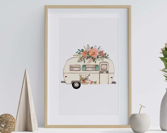 Impressions d'art de haute qualité | Aquarelle Campervan Caravan Prints - magnifique boho floral romantique - A5, A4, A3, téléchargement numérique - salon