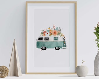 High Quality Art Prints | Watercolour Campervan Caravan Prints - gorgeous boho floral romantic - A5, A4, A3, digital download - living room