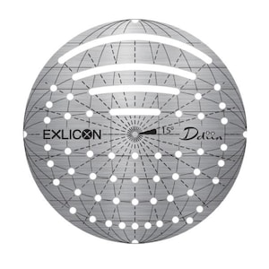 May include: A silver sphere featuring a grid design with white dots and curved lines. The sphere has the text "EXLICON" and "15° Daton". The design includes a central radiating pattern.