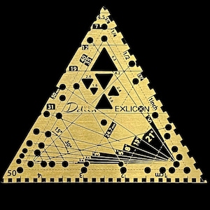 May include: A gold-coloured triangle ruler with markings in inches and millimetres. The ruler has a variety of angles and measurements, including 15 degrees, 30 degrees, and 45 degrees. It also has markings for 1/4 inch, 1/2 inch, 3/4 inch, and 1 inch. The ruler is labelled "Exlicon" and "Dd" in the centre.