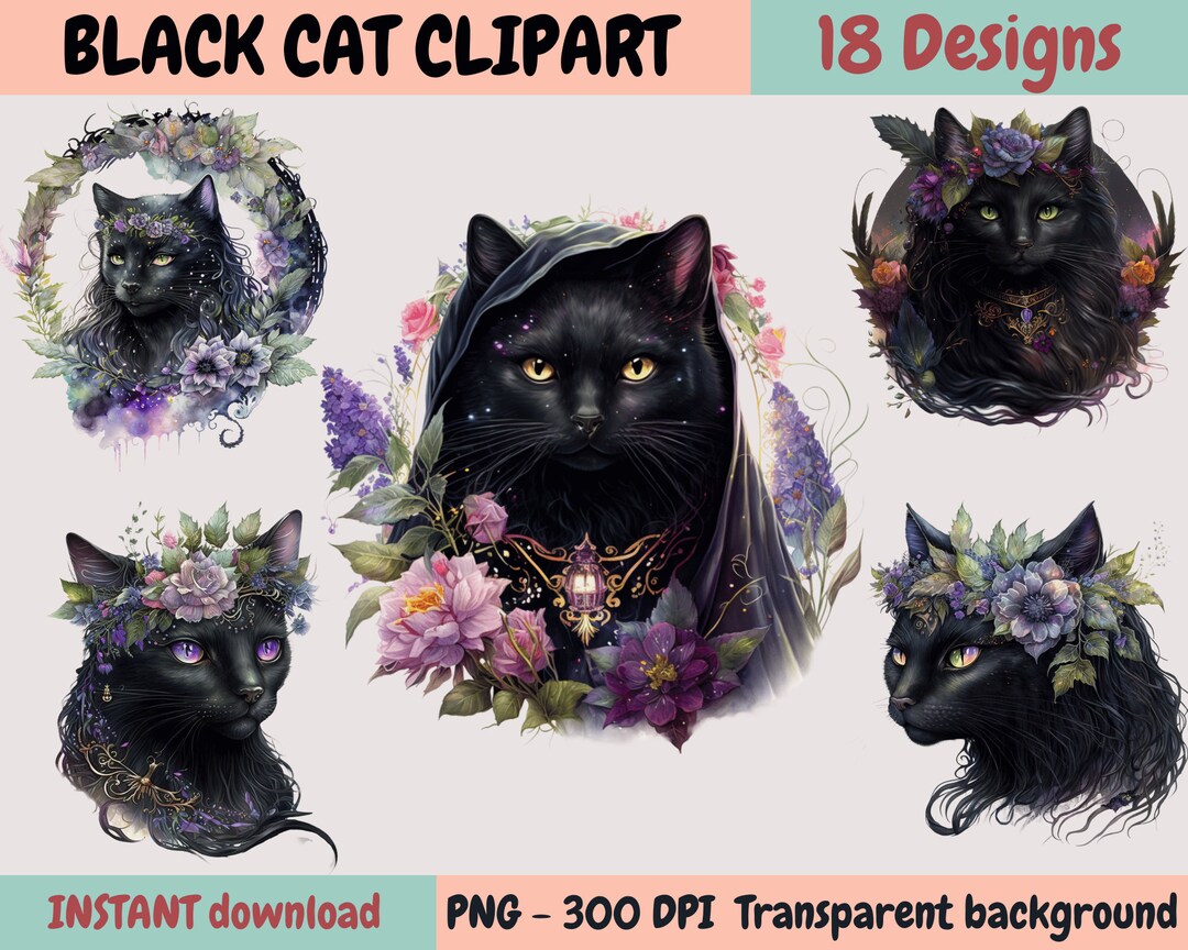 Black Cat Clipart Bundle , Witchy Cat PNG , Magical Watercolor Design ...