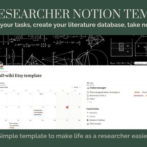 May include: A Notion template for PhD researchers. The image shows a calendar, task manager, and useful links. Text on the image reads: "PHD/RESEARCHER NOTION TEMPLATE" and "PhD wiki Etsy template". The template helps to keep track of tasks, create a literature database, and take notes.