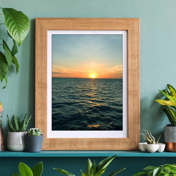 Open Ocean Sunset Photo Printable Wall Art, Deep Blue Sea Sunset Wall Art